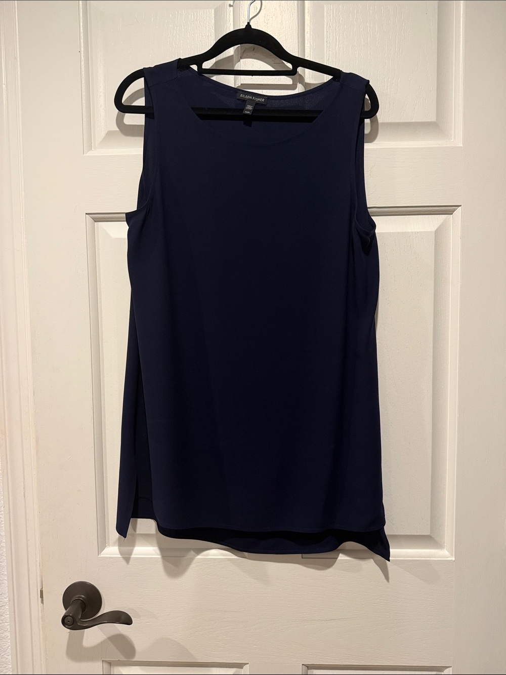 Ellen Fisher Navy Sleeveless Silk Scoop Neck Shell